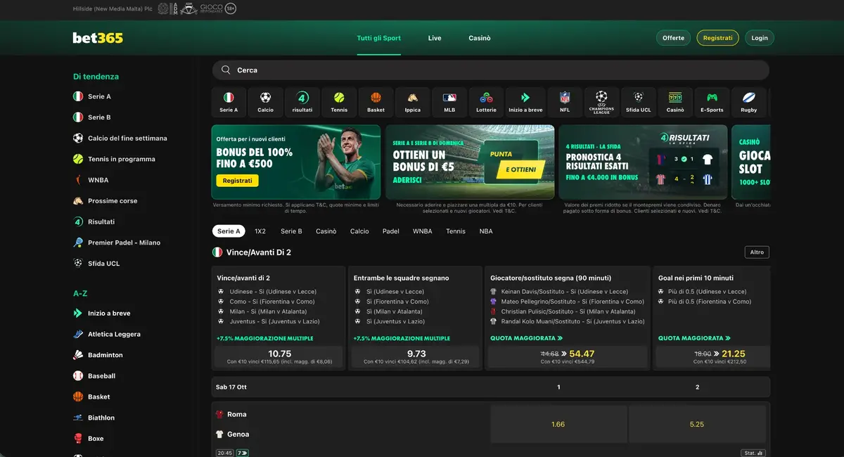 Lobby del casinò italiano bet365; le promozioni visibili possono essere cambiate