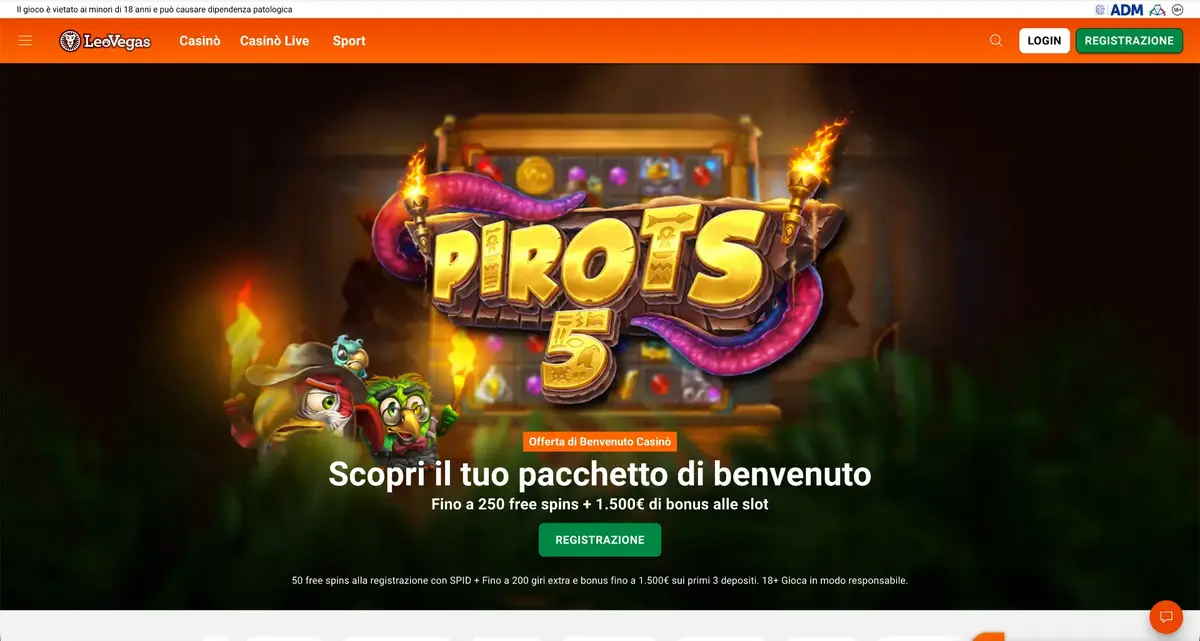 Lobby del casinò italiano LeoVegas; le promozioni visibili possono essere cambiate