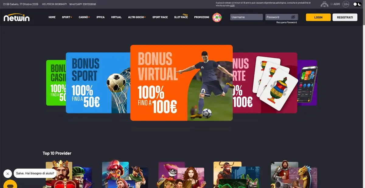 Lobby del casinò italiano Netwin; le promozioni visibili possono essere cambiate